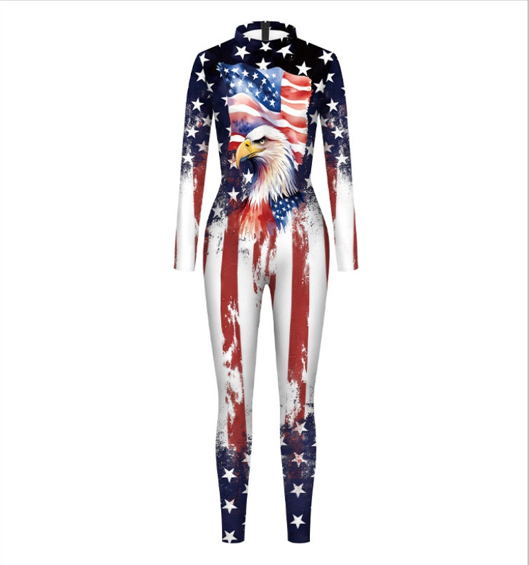 Independence Day Skinny Bodysuit - American Flag Eagle Print Jumpsuit